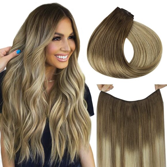 Walnut Brown to Ash Brown and Bleach Blonde Fish Line Real Human Hair Straight I - Picture 1 of 6